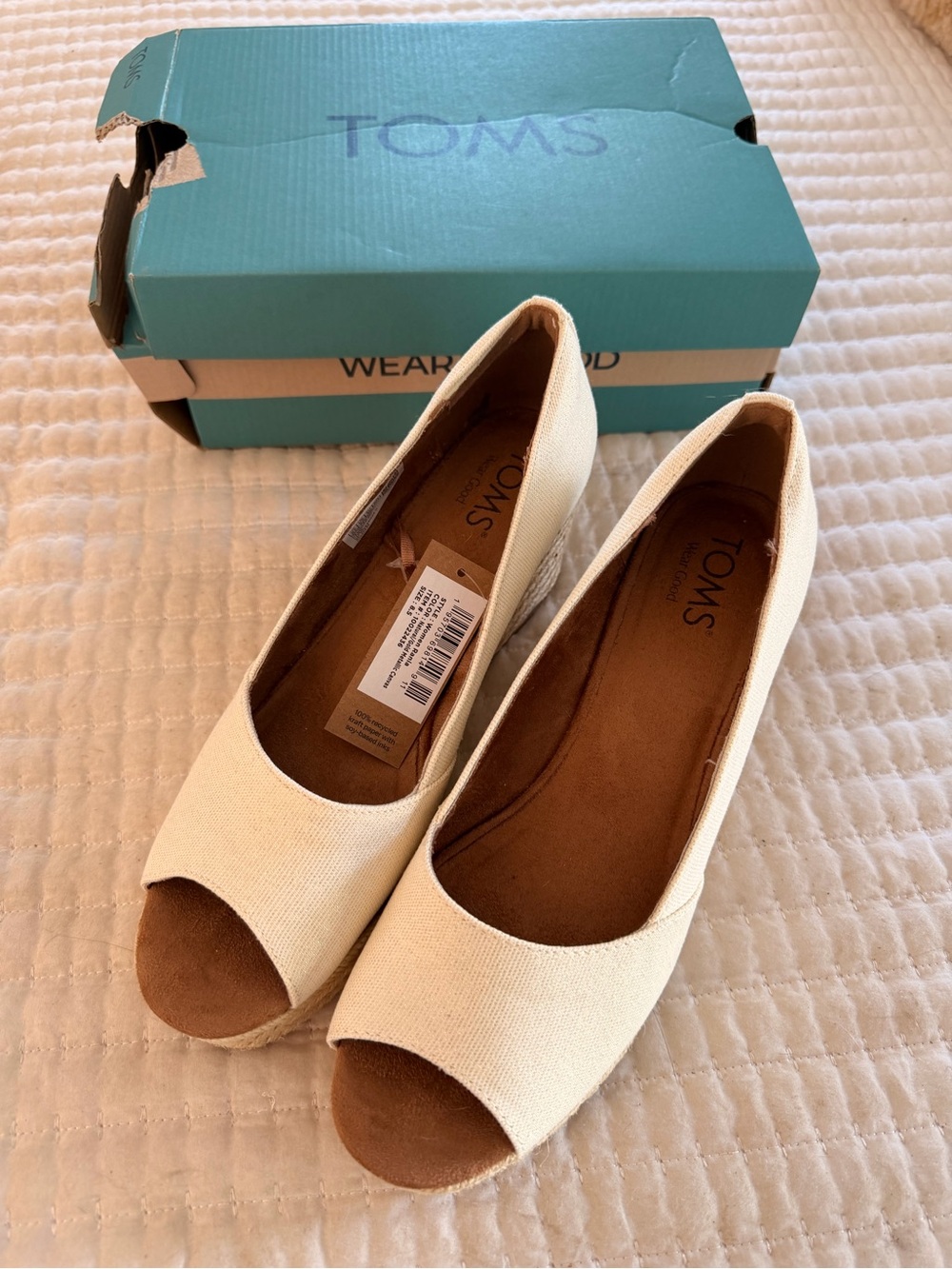 TOMS Cream Canvas Peep-Toe Wedge Espadrilles
